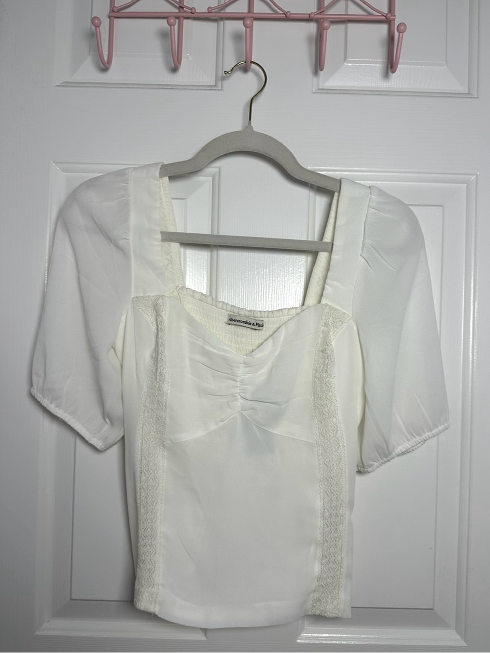 Abercrombie & Fitch Ivory Lace-Trim Square Neck Blouse